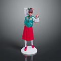 Woman In Green Jacket And Red Skirt Posing On White Platform Against Gray Background