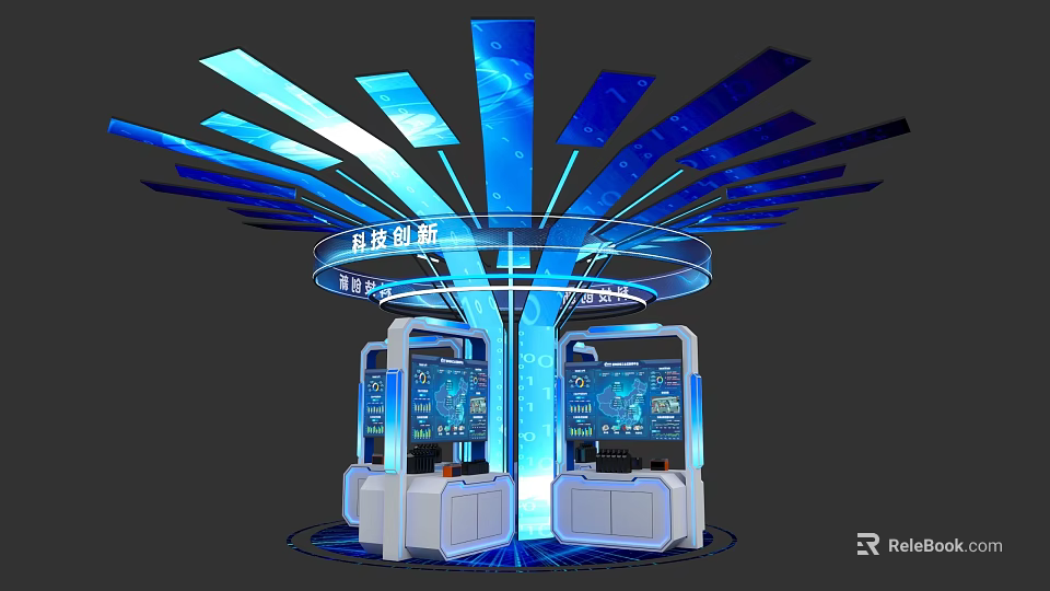 Technology Innovation Exhibition Island With Interactive Displays And Blue Lighting Effects 3d model 