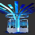 Technology Innovation Exhibition Island With Interactive Displays And Blue Lighting Effects