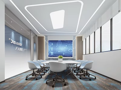 Modern Conference Room Interior With Large Table White Chairs Big Screen Blue Charts And Windows 3d model