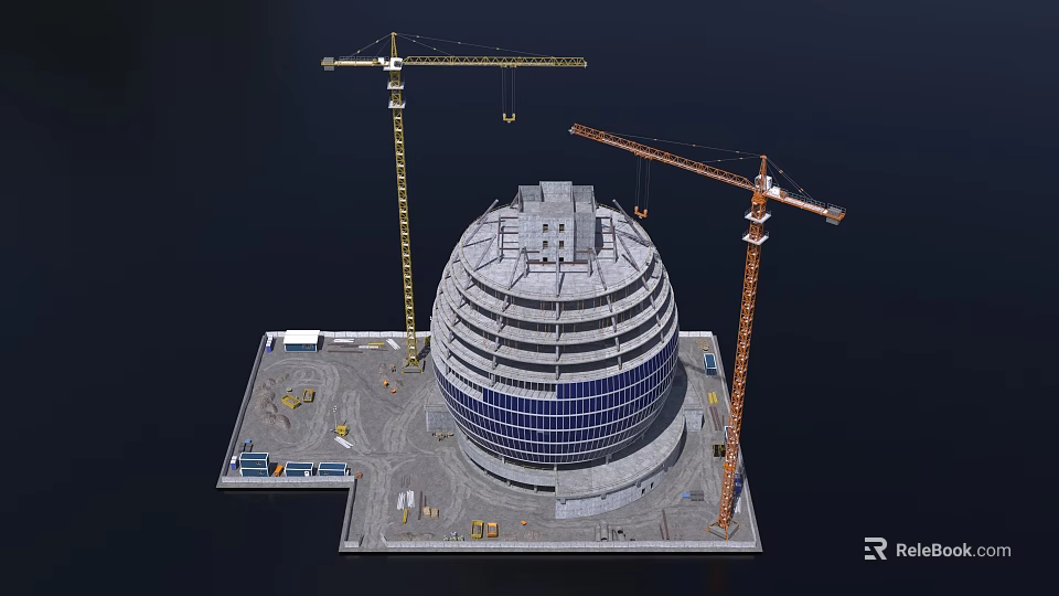 Construction Site With Dome Shaped Building And Tower Cranes Under Construction 3d model 