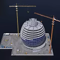 Construction Site With Dome Shaped Building And Tower Cranes Under Construction 3d model