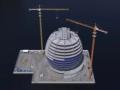 Construction Site With Dome Shaped Building And Tower Cranes Under Construction 3d model