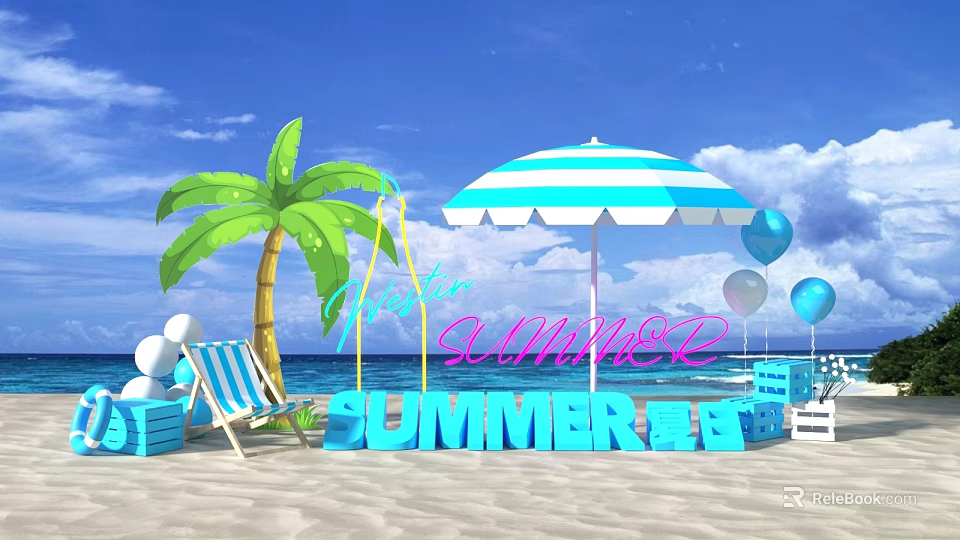 Summer 3D Letters Beach Scene With Blue Sky White Clouds Palm Tree Umbrella And Balloons 3d model 
