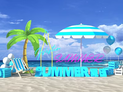 Summer 3D Letters Beach Scene With Blue Sky White Clouds Palm Tree Umbrella And Balloons 3d model
