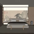 Japanese Style Bedroom Interior With Wooden Decor Mountain Painting Hanging Lamp Nightstands Bench Large Windows