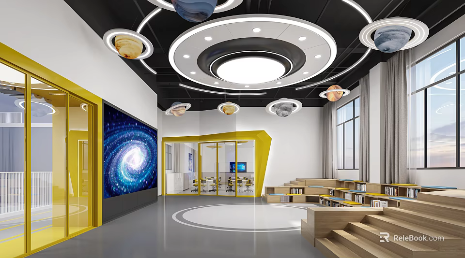 Modern School Classroom With Starry Theme Ceiling Planet Models Yellow Structures And Bookshelves 3d model 