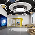 Modern School Classroom With Starry Theme Ceiling Planet Models Yellow Structures And Bookshelves 3d model