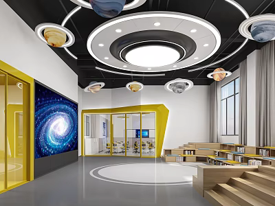 Modern School Classroom With Starry Theme Ceiling Planet Models Yellow Structures And Bookshelves 3d model