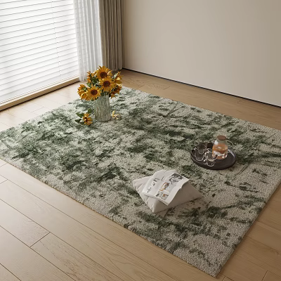 Square Rug with Green Grey Pattern Featuring Sunflowers Tray and Magazine in Indoor Space 3d model