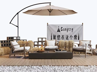 Outdoor Chairs in Camping Setup with Banner Hay Bales Fire Pit Umbrella and Wooden Deck 3d model