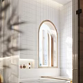 Modern Bathroom Interior With Tiled Walls Wooden Mirror Vanity Sink And Decorative Shelf