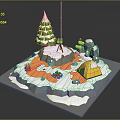 Winter Outdoor Camp Scene With Snowy Tree Yellow Tent Campfire And Signpost