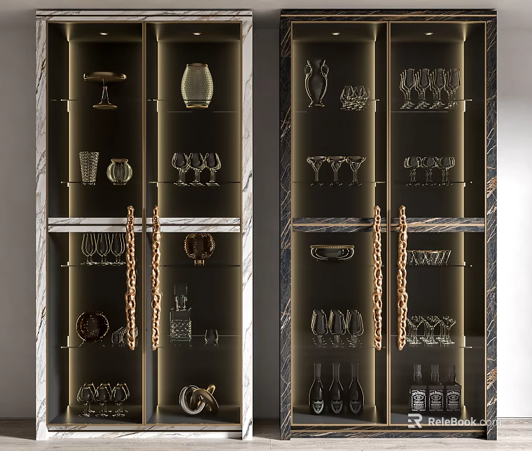 Modern Wine Cabinet With Glass Door Lighting Showcasing Wine Glasses Bottles And Decorative Items 3d model 