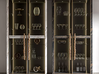 Modern Wine Cabinet With Glass Door Lighting Showcasing Wine Glasses Bottles And Decorative Items 3d model