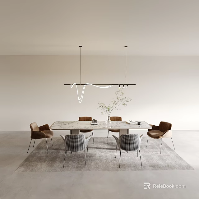 Modern Rectangular White Dining Table Set with Brown Gray Chairs Pendant Light and Vase Plant 3d model