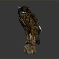 Realistic Wooden Owl Sculpture Perched On Natural Tree Stump Base