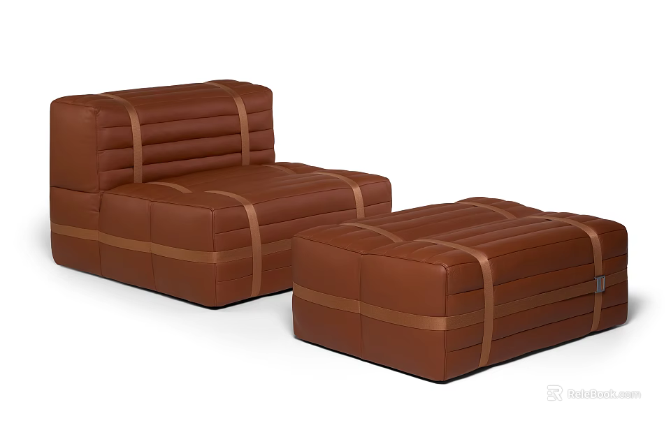Stylish Brown Leather Single Sofa With Straps Design And Matching Ottoman 3d model