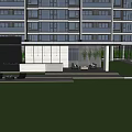 Modern Outdoor Pergola With Green Trees Lawn Lounge Chairs And Residential Building