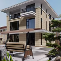 Modern Two Story Detached Villa Exterior With Balcony Courtyard Outdoor Seating And Trees