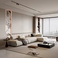 Modern Living Room Interior Design With Beige Sofa Coffee Table And Large Window Blinds