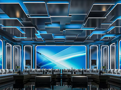 Modern KTV Room Interior With Blue Geometric Ceiling Lighting Large Screen Sofas And Tables 3d model