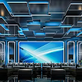 Modern KTV Room Interior With Blue Geometric Ceiling Lighting Large Screen Sofas And Tables