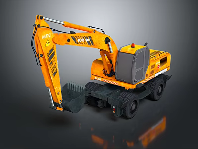 Yellow Wheel Type Excavator Model With HIRO Brand And Construction Features 3d model