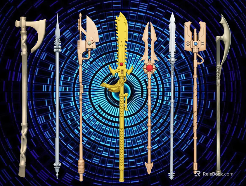 Various Ancient And Modern Weapon Designs With Intricate Details On Blue Circular Background 3d model 