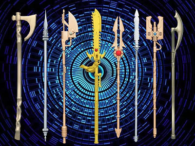 Various Ancient And Modern Weapon Designs With Intricate Details On Blue Circular Background 3d model