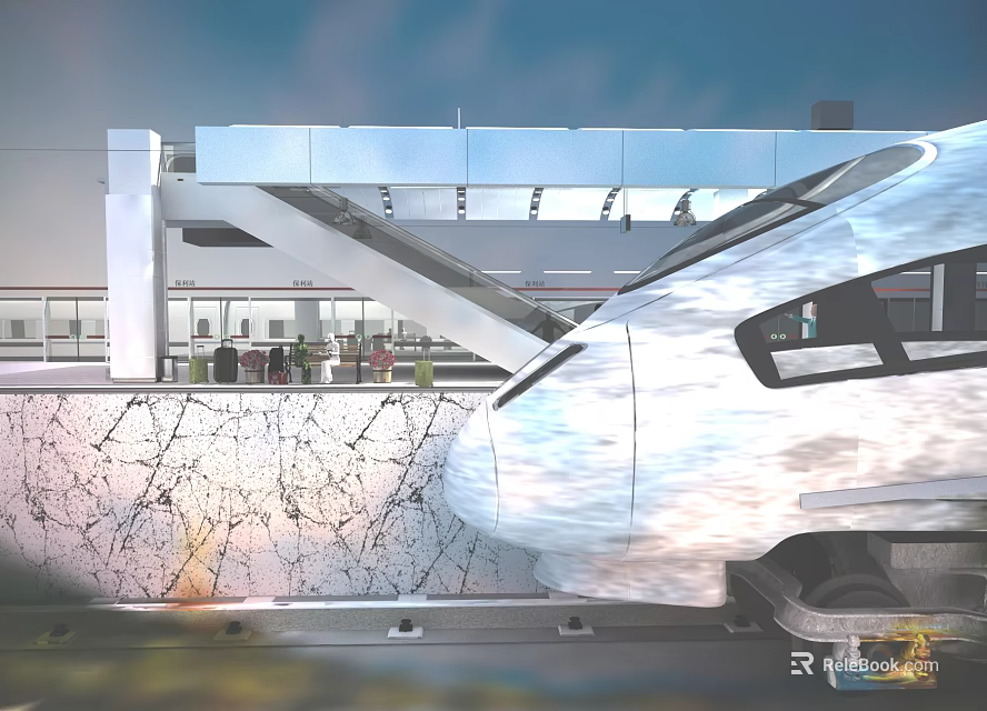Modern High Speed Train At Contemporary Station Platform With Glass Structure 3d model 