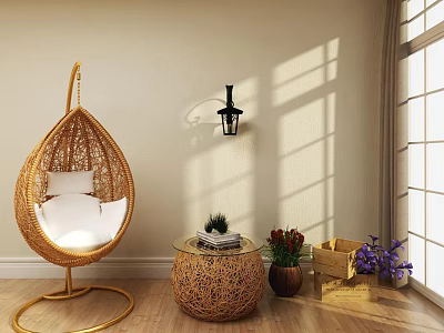 Golden Rattan Teardrop Hanging Chair With White Cushion Rattan Side Table Green Plant And Sunlight Shadows 3d model