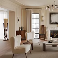 Elegant Living Room Interior With Beige Sofa Armchairs Fireplace Chandelier And Large Windows