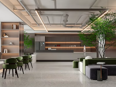 Modern Lounge Area With Green Chairs Sofas Bookshelves Counter And Ceiling Light Strips 3d model