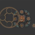Ornate Circular Household Items With Wooden Frame And Intricate Patterned Designs
