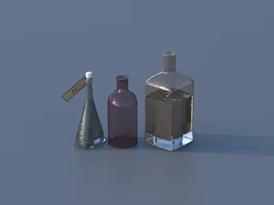 Household Glass Bottles In Different Shapes And Colors With Labels And Liquid Inside 3d model