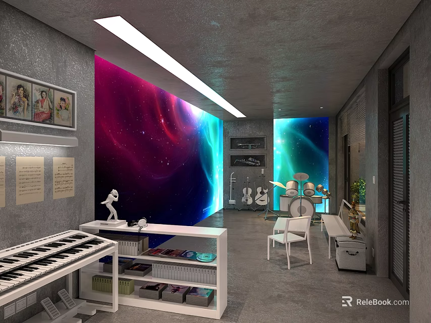 Modern Piano Room Interior With Colorful Starry Wall Piano Framed Paintings And Musical Shelves 3d model 
