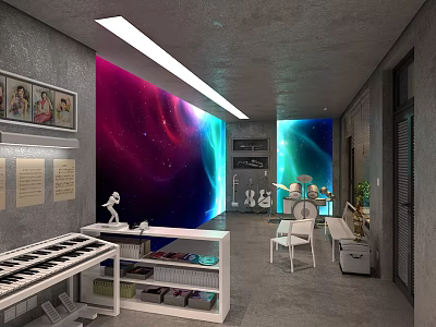 Modern Piano Room Interior With Colorful Starry Wall Piano Framed Paintings And Musical Shelves 3d model
