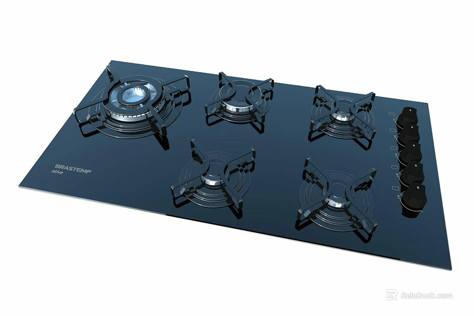 Black Glass Cooktop Gas Stove With Five Burners And Control Knobs 3d model 