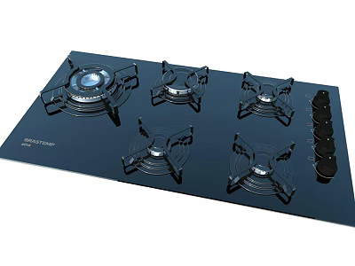Black Glass Cooktop Gas Stove With Five Burners And Control Knobs 3d model