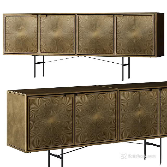 Elegant Modern Brass TV Stand With Textured Doors And Black Metal Legs 3d model 