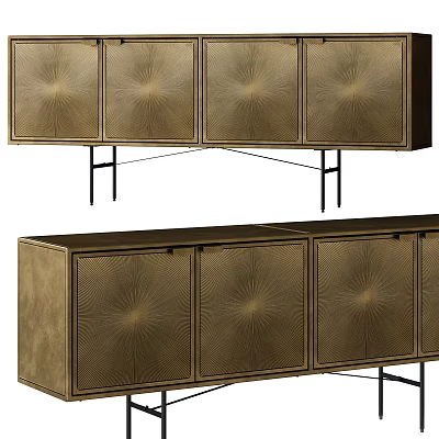 Elegant Modern Brass TV Stand With Textured Doors And Black Metal Legs 3d model