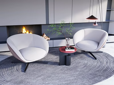 Casual Sofa Set With Two White Round Sofas Red Coffee Table Green Plant And Fireplace 3d model
