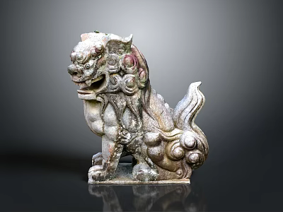 Traditional Chinese Stone Lion Statue Ancient Weathered Appearance Curled Mane and Tail Sitting Pose 3d model