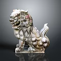 Traditional Chinese Stone Lion Statue Ancient Weathered Appearance Curled Mane and Tail Sitting Pose