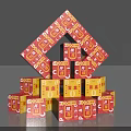 Red And Yellow Stacked Boxes With Chinese Auspicious Symbols In Pyramid Formation