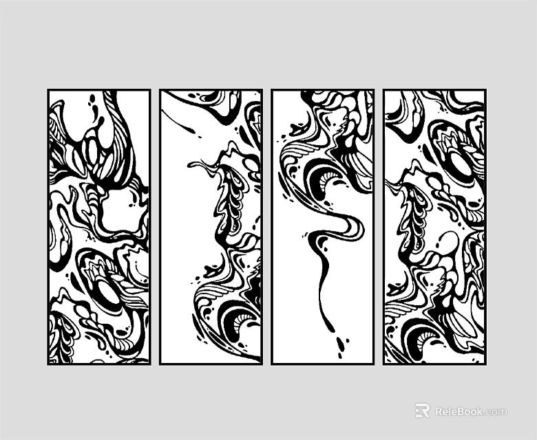 Black and White Abstract Paintings Featuring Vertical Panels With Flowing Curves And Irregular Patterns 3d model 