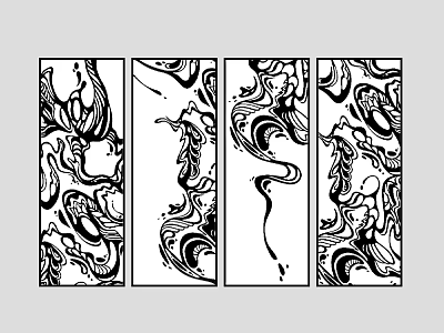 Black and White Abstract Paintings Featuring Vertical Panels With Flowing Curves And Irregular Patterns 3d model