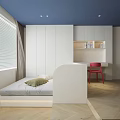 Modern Tatami Bedroom With Desk Chair Bookshelf And Window Blinds