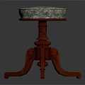 Traditional Red Wooden Stool With Round Patterned Seat And Carved Legs